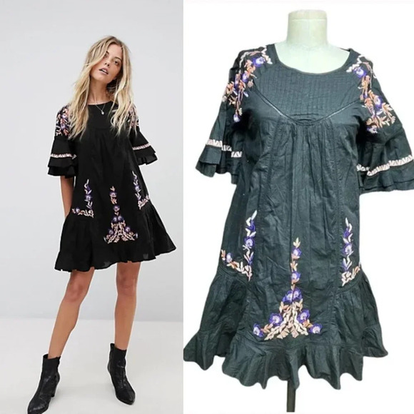 Free People Pavlo Embroidered Smock Dress Black Purple Floral Size XS - Picture 1 of 12